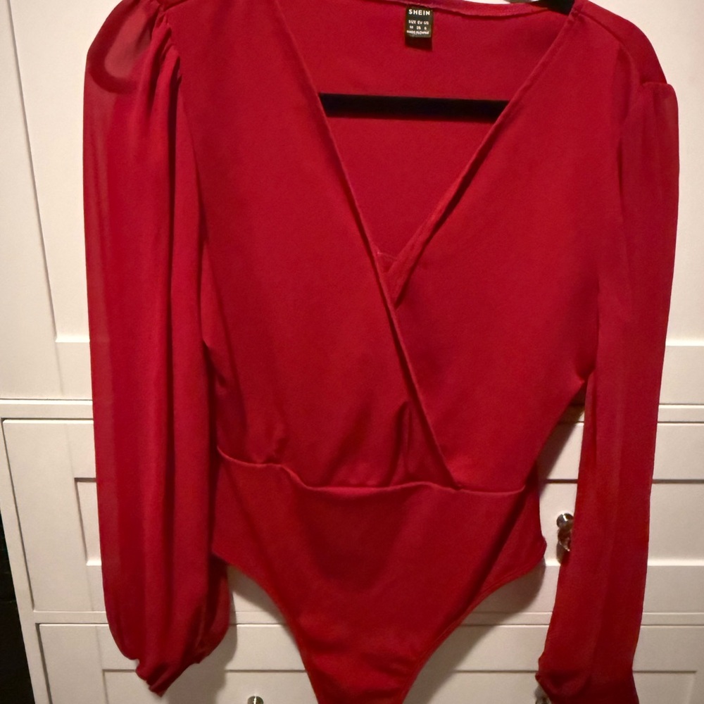 SHEIN Deep Red V-Neck Bodysuit